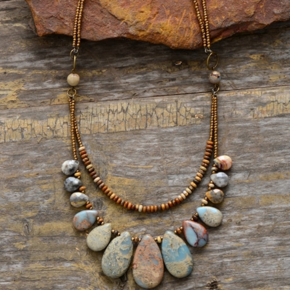 Flower of the Desert Multicolor Teardrop Stone Necklace in Tan, Blue, Brown